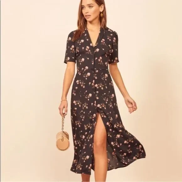 S O L D : Reformation Size 8 Rocki Collared Midi Dress Romy Rose Floral Print - Picture 2 of 14